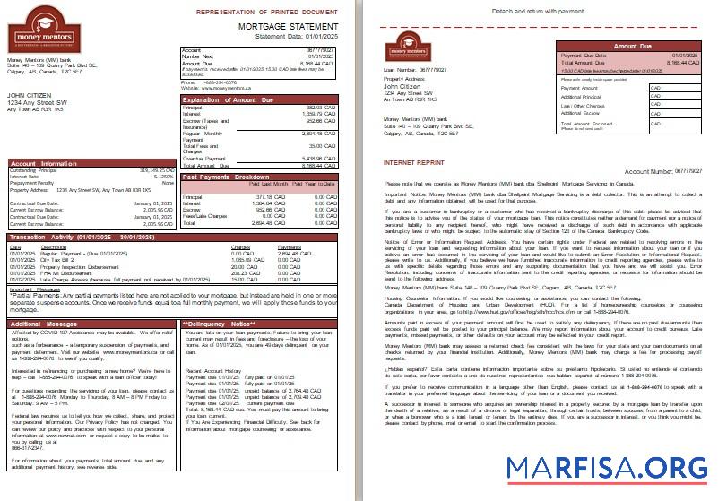 Realistic Canada Money Mentors (MM) bank mortgage statement, 3 pages, 1 2 scr download for verification